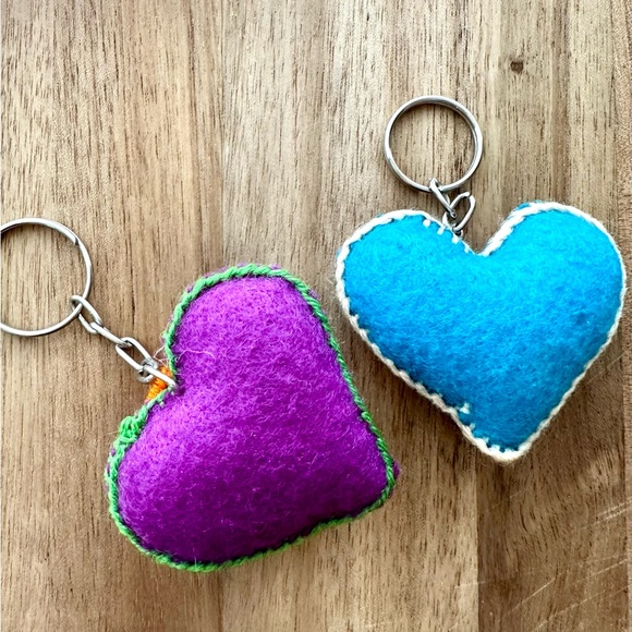 Two Hand Embroidered Hearts Mexican Ornament Heart Keychain Corazon Bordado - Picture 3 of 4